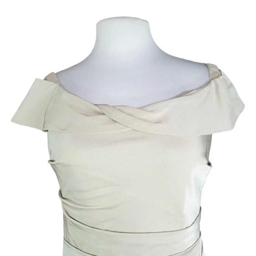 La Femme Off the Shoulder Ruched Satin Trumpet Gown in Champagne Women's Size 8
